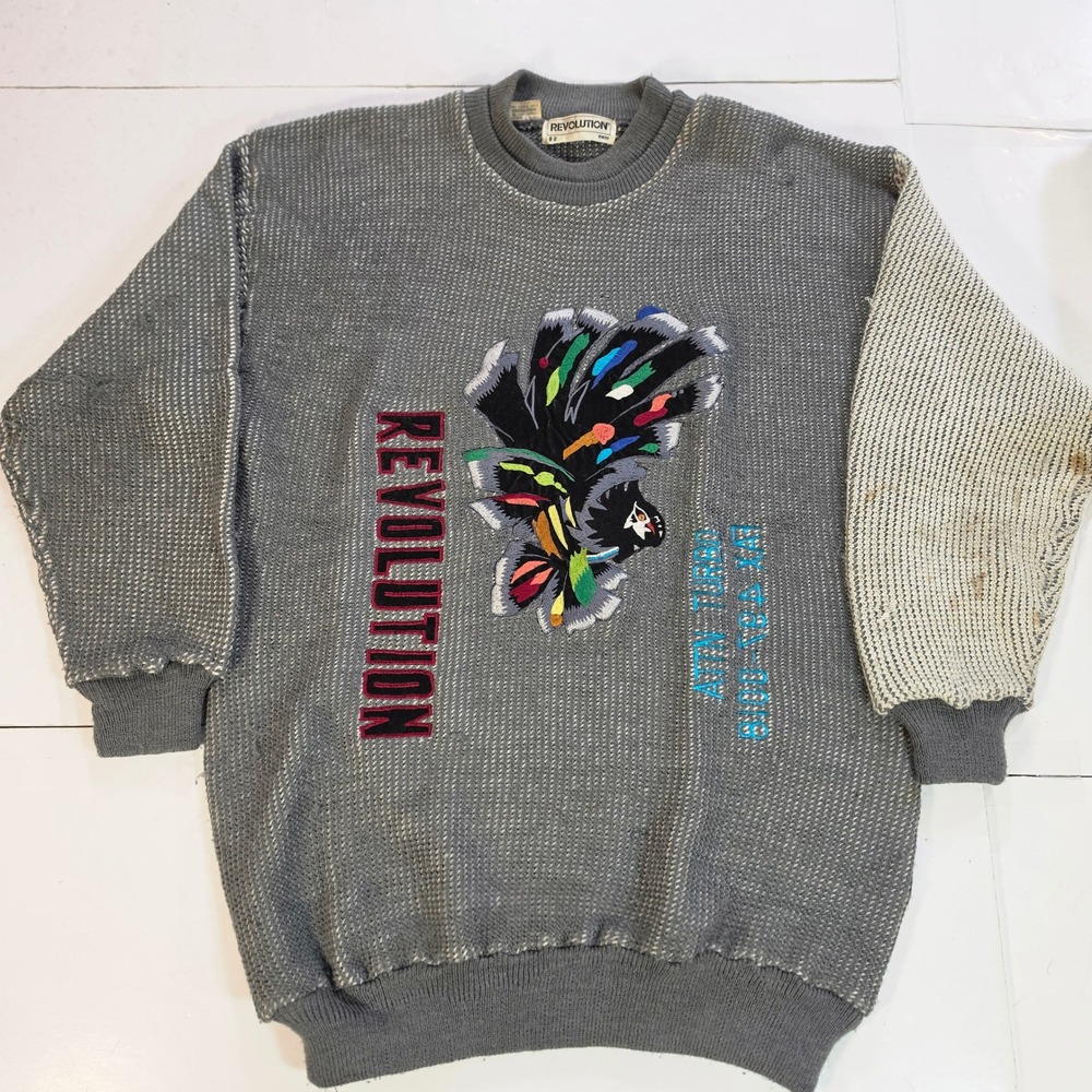 Vintage 1985 Revolution Tokyo Knit Sweater Grey Oversized Graphic 80s Streetwear